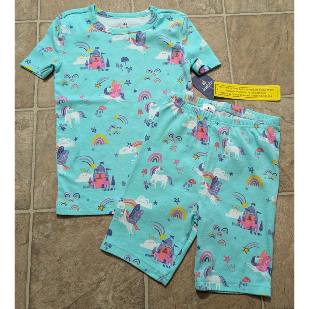 New Fish Stix sz 10 2pc Pajama Short Set knit horses castle stars sleep 1790